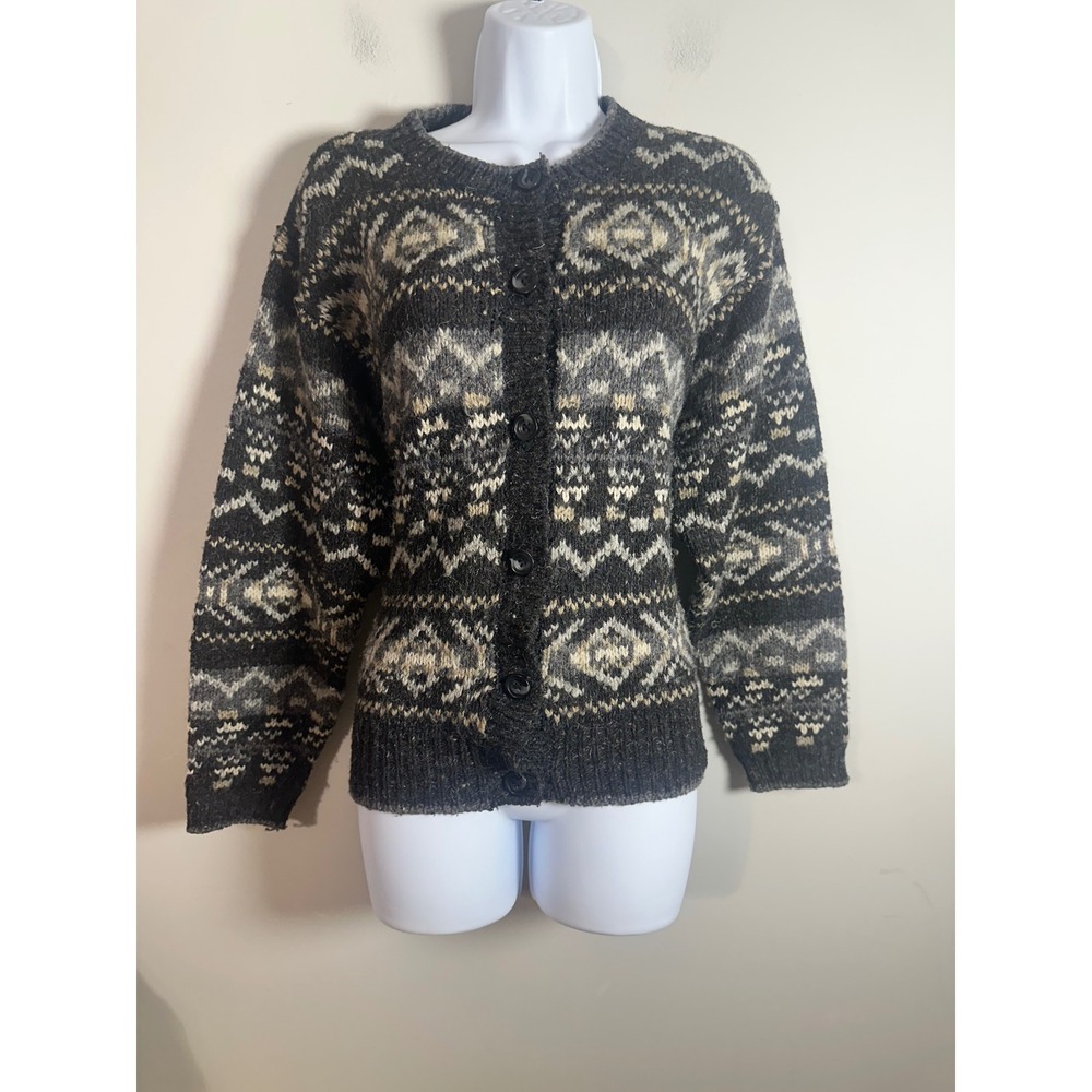Milano Sport Vintage Size L Fair Isle Wool Blend Button Cardigan Sweater Gray